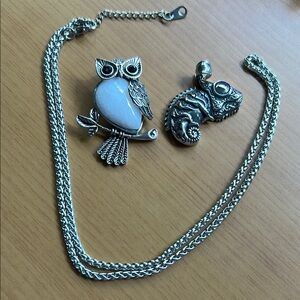 Silver Owl and Seahorse Pendant Necklace